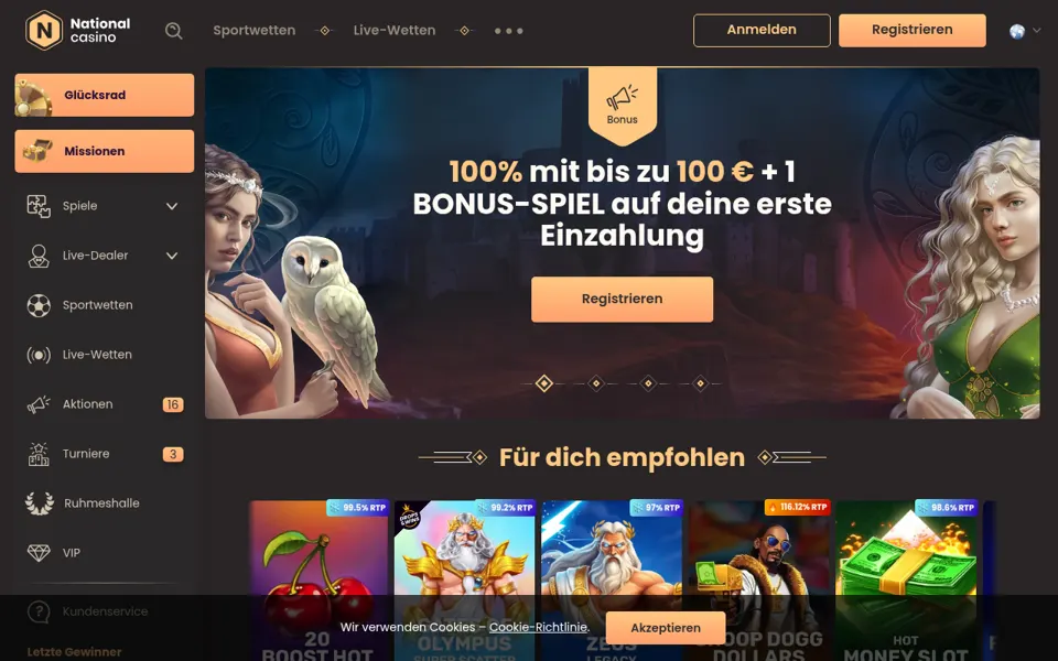 Startseite von National Casino, aufgenommen am 29.10.2026