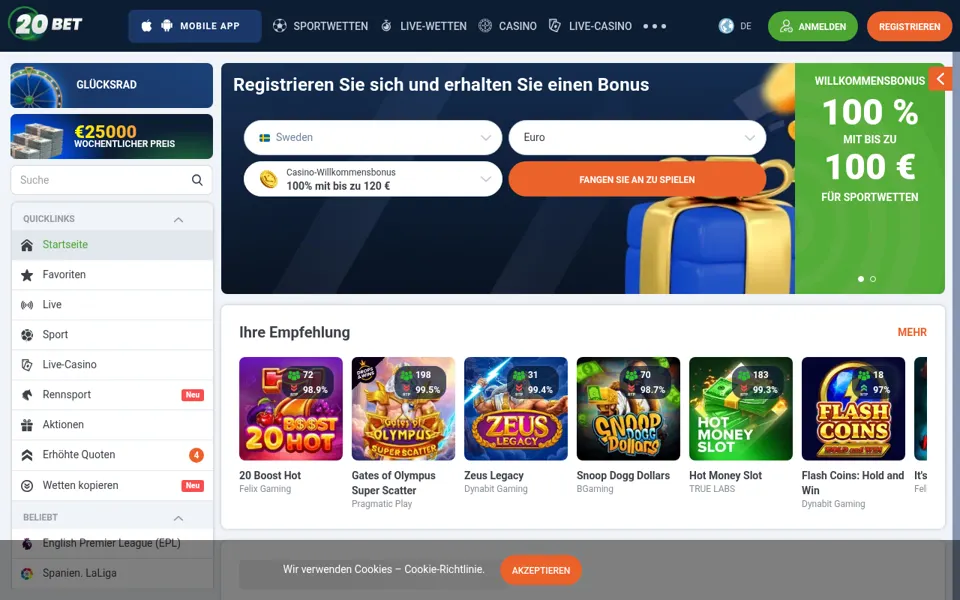 Startseite von 20Bet, aufgenommen am 29.10.2026